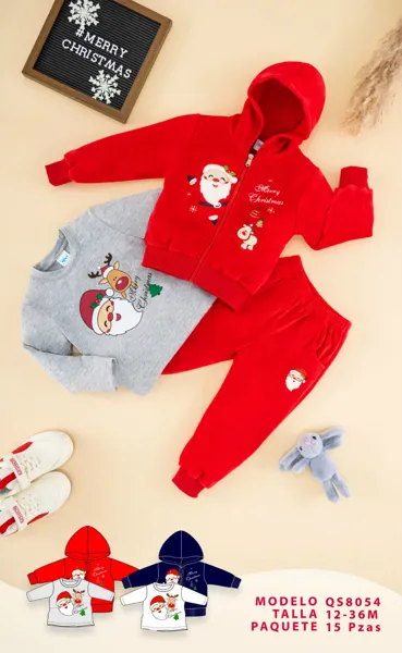 Conjunto navideño de 3 piezas con chamarra con capucha, sudadera y pantalón para niño