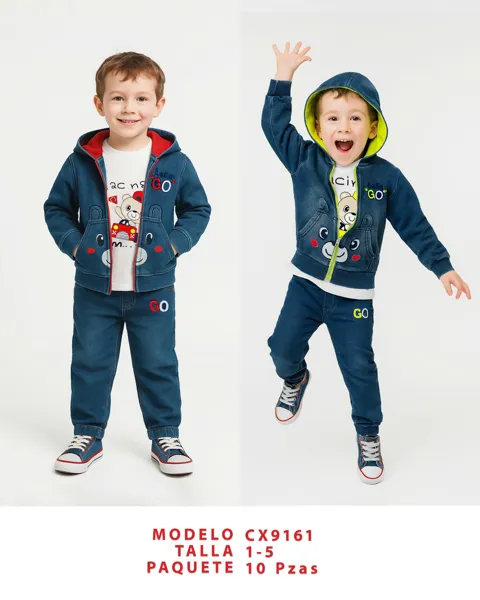 Conjunto de 3 piezas de mezclilla con chamarra con capucha, playera y pantalón, diseño de osito para niño
