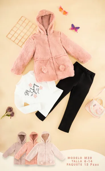 Conjunto de 3 piezas con chaqueta de peluche con capucha, playera y leggings para niña