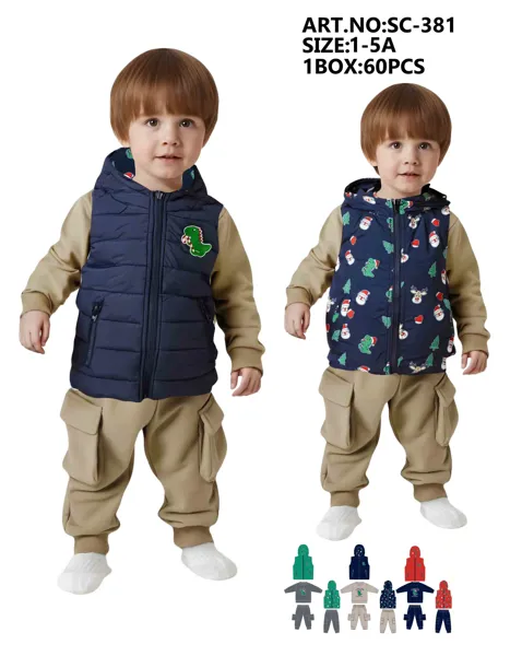 Conjunto de 3 piezas con chaleco acolchado con capucha, playera y pantalón cargo para niño