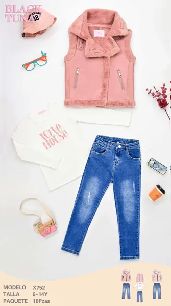 Conjunto de 3 piezas con chaleco de peluche de piel sintética, playera y jeans para niña