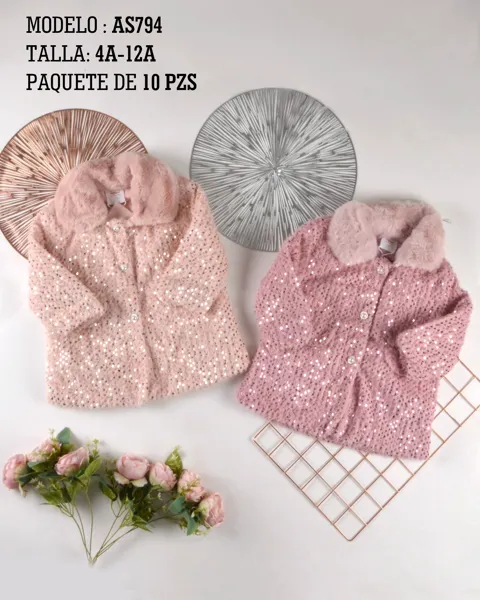 Abrigo tejido con lentejuelas y cuello de peluche para niña