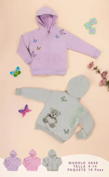 Sudadera con capucha y cierre, estampado de mariposas y osito para niña