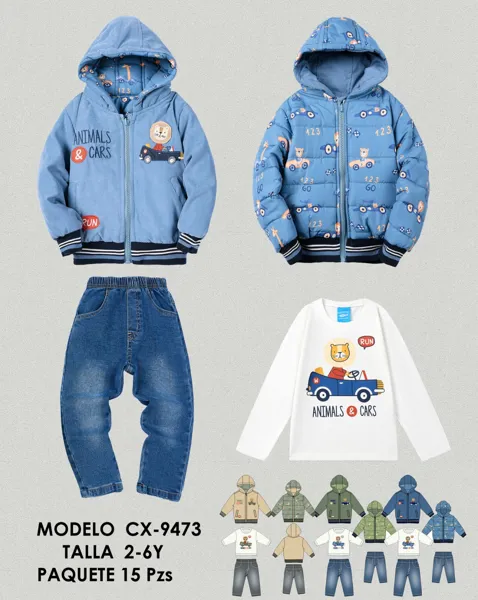 Conjunto de 3 piezas con chamarra con capucha, playera y jeans, estampado de animales y autos para niño
