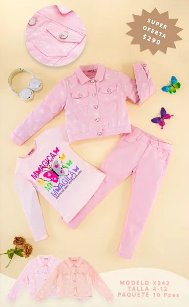 Conjunto de 3 piezas con chamarra de mezclilla, playera y jeans para niña