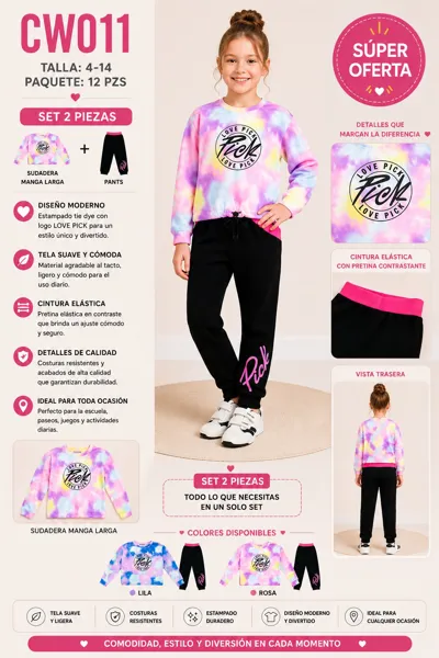 Conjunto de 2 piezas con sudadera de manga larga y pants, estampado tie dye para niña