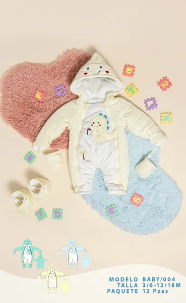 Mameluco acolchado con capucha, incluye botines y guantes, diseño de dinosaurio para niño
