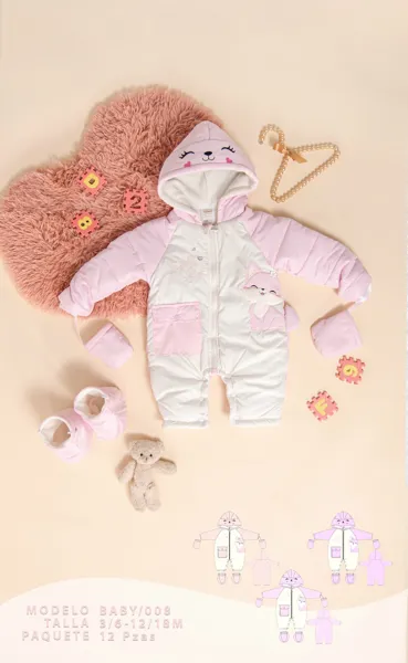 Mameluco acolchado con capucha y estampado de gatito, incluye botines y mitones para niña