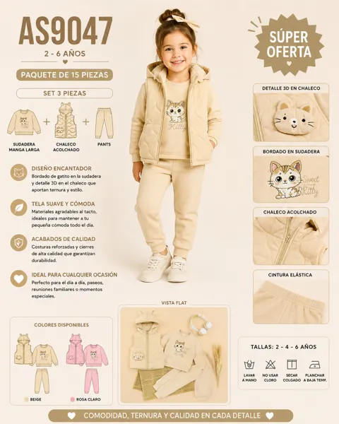 Conjunto de 3 piezas con sudadera, chaleco acolchado con capucha y bordado de gatito para niña