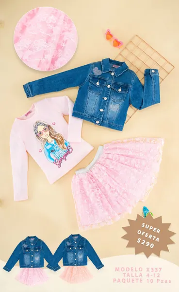 Conjunto de 3 piezas con chamarra de mezclilla, playera y falda de tul para niña