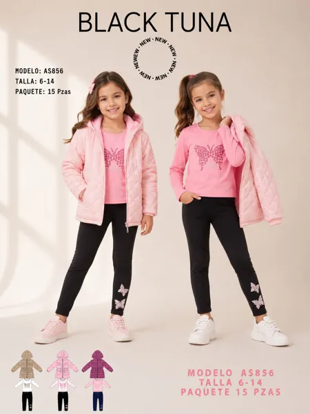 Conjunto de 3 piezas con chamarra acolchada con capucha, playera y leggings para niña