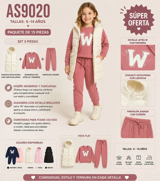 Conjunto de 3 piezas con chaleco acolchado con capucha, sudadera con pedrería y pantalón jogger para niña