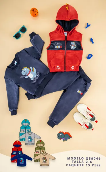 Conjunto de 3 piezas de terciopelo con chaleco con capucha, sudadera y pantalón, estampado de dinosaurio para niño