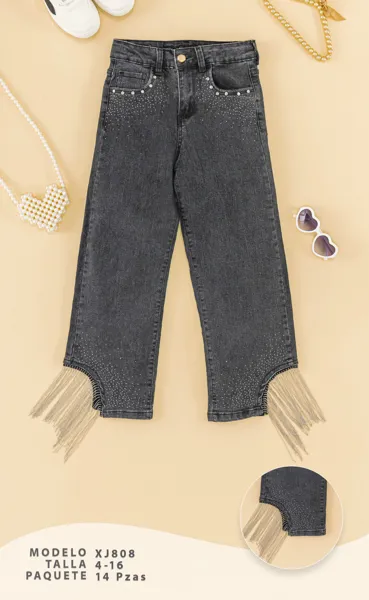 Jeans de pierna ancha con pedrería y flecos metálicos para niña
