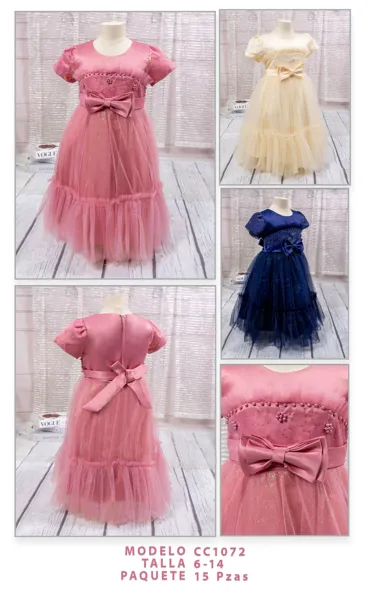 Vestido de fiesta con tul, perlas y moño para niña