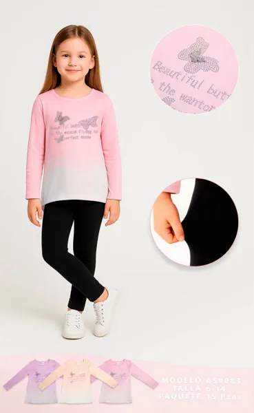 Playera de manga larga de algodón con estampado de mariposas en pedrería para niña