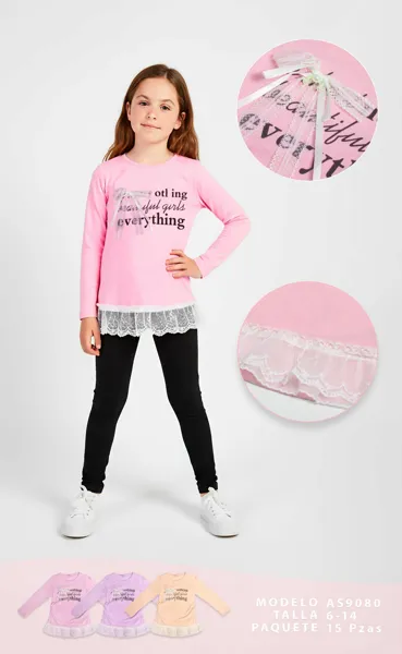 Playera de manga larga con encaje en el bajo y moño para niña