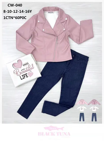 Conjunto de 3 piezas con chamarra de piel sintética, blusa y jeans para niña