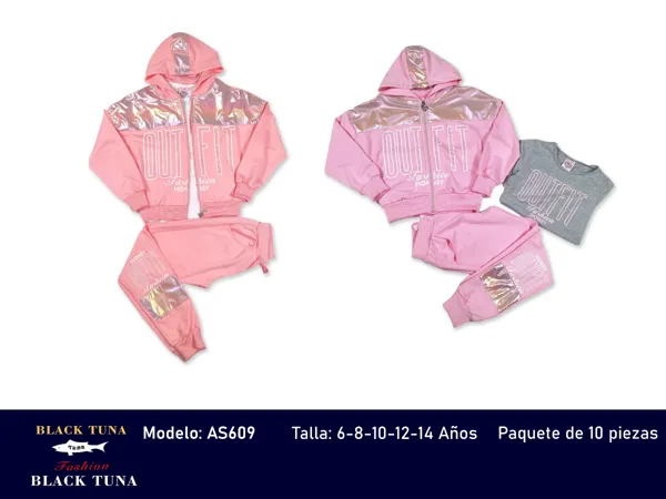 Conjunto de sudadera con capucha y cierre y pantalón con detalle metalizado para niña