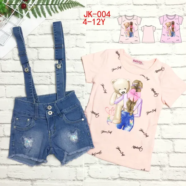 Conjunto de 2 piezas con playera y short de mezclilla con tirantes para niña