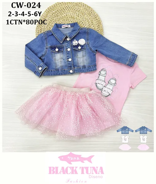 Conjunto de 3 piezas con chaqueta de mezclilla, playera y falda tutú para niña