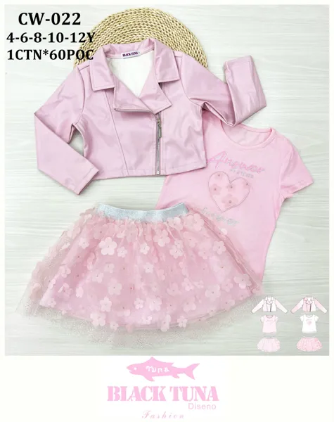 Conjunto de 3 piezas con chaqueta de piel sintética, playera y falda tutú con flores para niña