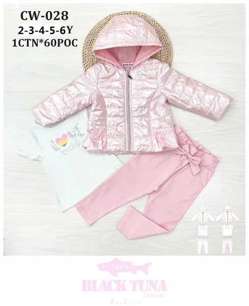Conjunto de 3 piezas con chamarra acolchada con capucha, playera y pantalón con moño para niña
