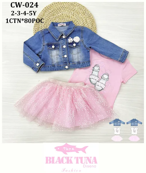 Conjunto de 3 piezas con chaqueta de mezclilla, playera y falda tutú para niña