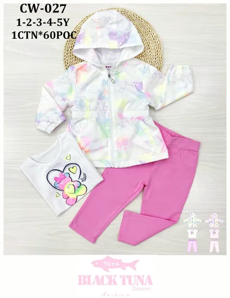 Conjunto de 3 piezas con rompevientos con capucha, playera y pantalón para niña