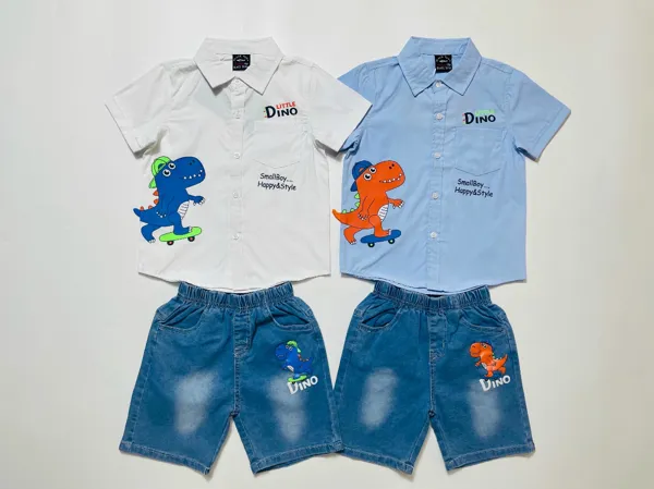 Conjunto de 2 piezas con camisa y short de mezclilla, estampado de dinosaurio para niño