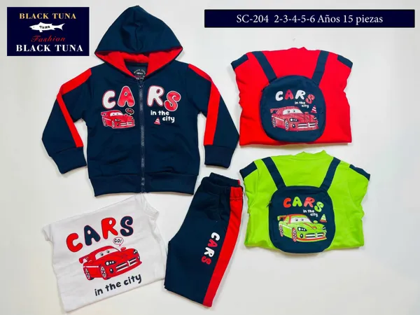 Conjunto de 3 piezas con sudadera con capucha, playera y pantalón, estampado de autos para niño