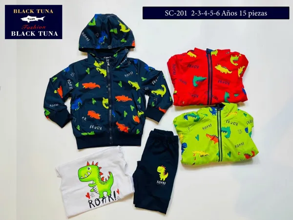 Conjunto de 3 piezas con rompevientos con capucha, playera y pantalón, estampado de dinosaurios para niño