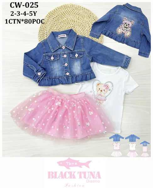 Conjunto de 3 piezas con chaqueta de mezclilla, playera y falda tutú, diseño de osito para niña