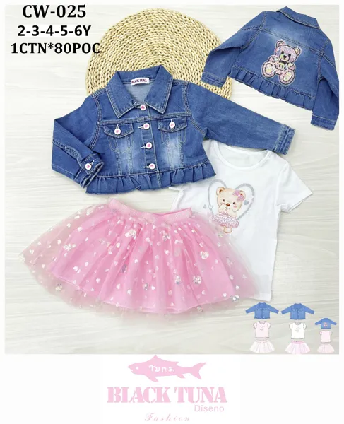 Conjunto de 3 piezas con chaqueta de mezclilla, playera y falda tutú diseño de osito para niña