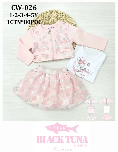 Conjunto de 3 piezas con bolero, playera y falda de tul floral para niña