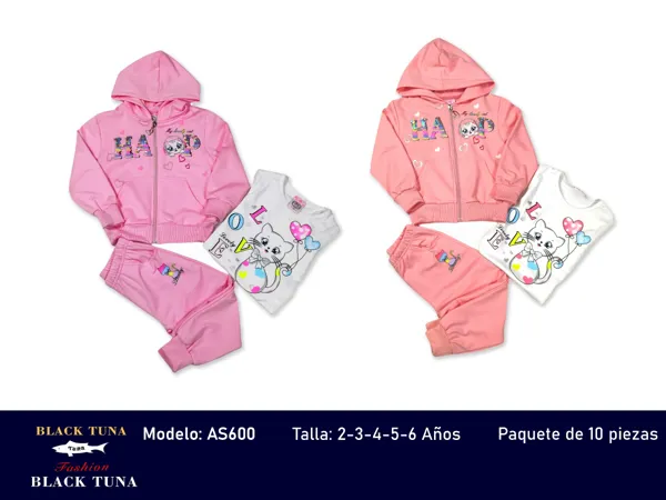 Conjunto deportivo de 3 piezas con sudadera con capucha y estampado de gato para niña