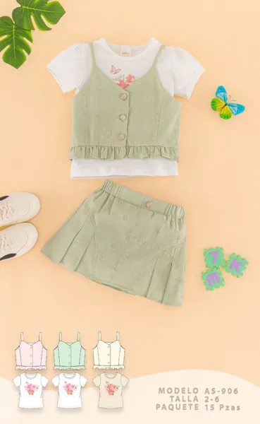 Conjunto de 3 piezas con playera, top y falda short para niña