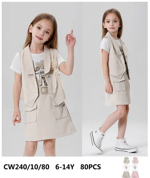 Conjunto de 3 piezas con chaleco, playera y falda cargo para niña