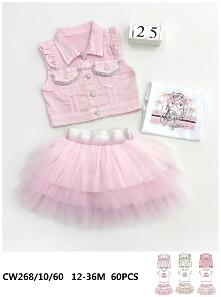 Conjunto de 3 piezas con chaleco de mezclilla, blusa y falda de tul para niña