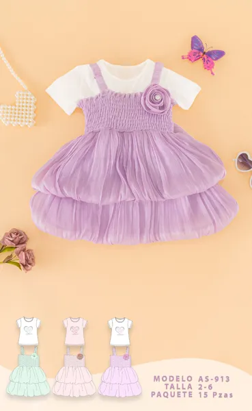 Vestido de tul globo con playera y flor para niña