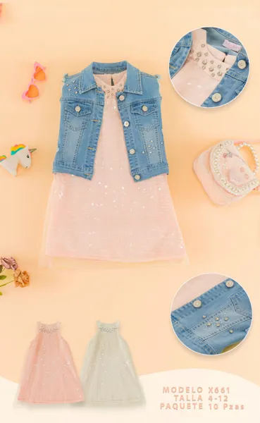 Conjunto de 2 piezas con vestido de lentejuelas y chaleco de mezclilla para niña