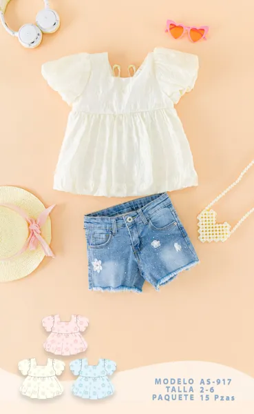 Conjunto de 2 piezas con blusa y short de mezclilla para niña