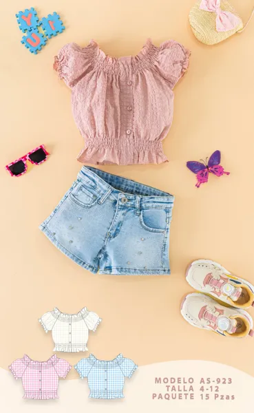 Conjunto de 2 piezas con blusa de olanes y short de mezclilla para niña
