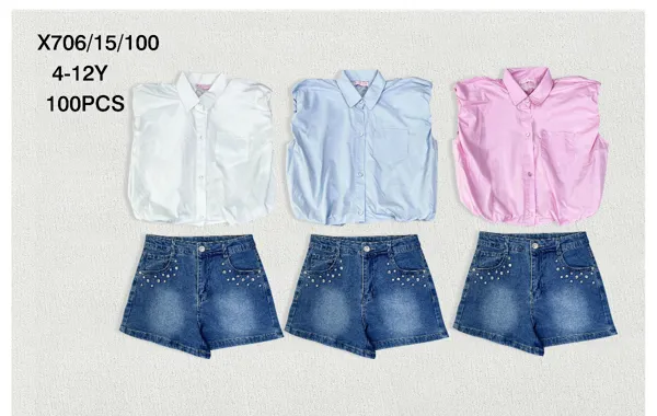 Conjunto de 2 piezas con blusa camisera sin mangas y short de mezclilla con perlas para niña