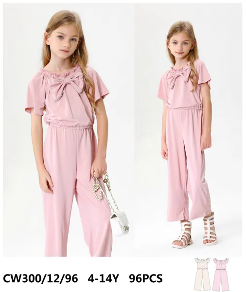 Conjunto tipo jumpsuit de una pieza de pierna ancha con moño para niña