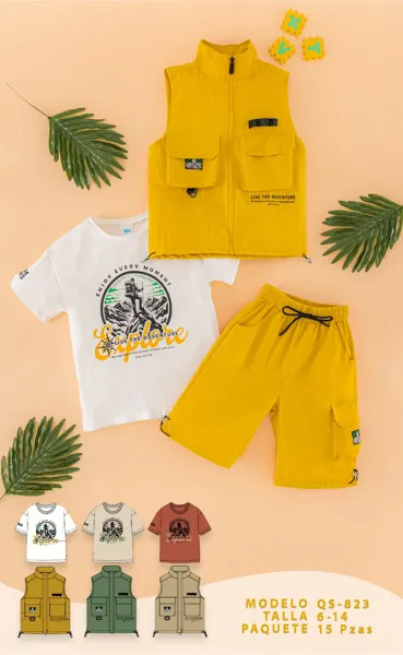 Conjunto de 3 piezas con playera, chaleco y short para niño
