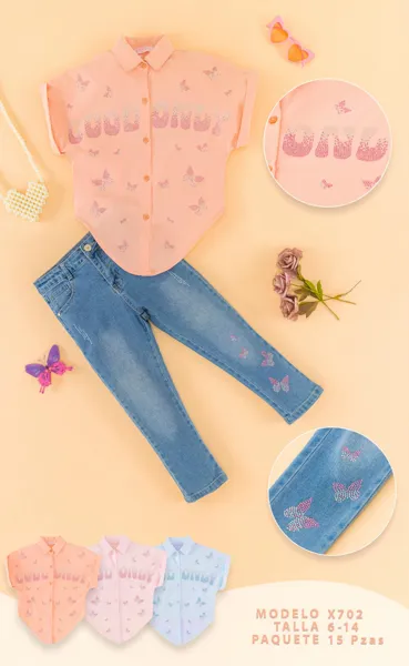 Conjunto de 2 piezas con blusa camisera de mariposas y jeans para niña