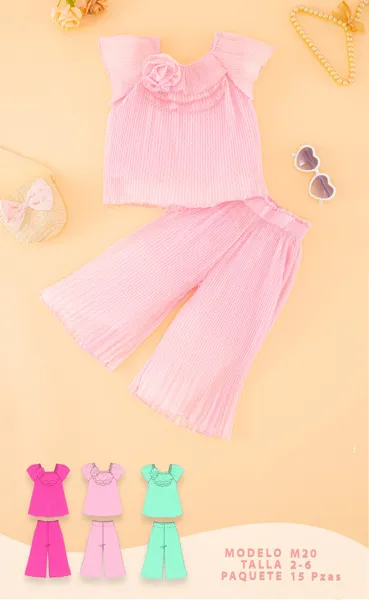 Conjunto de 2 piezas con blusa con flor y pantalón acampanado para niña