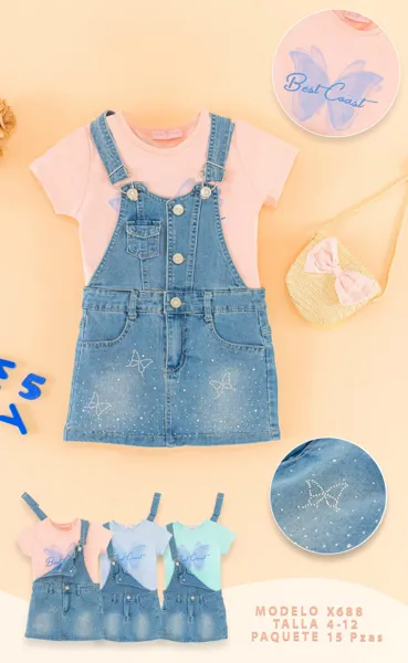 Conjunto de 2 piezas con playera y jumper de mezclilla con tirantes estampado Best Coast para niña