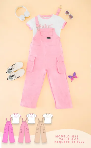 Conjunto de 2 piezas con playera y overol largo de peto para niña